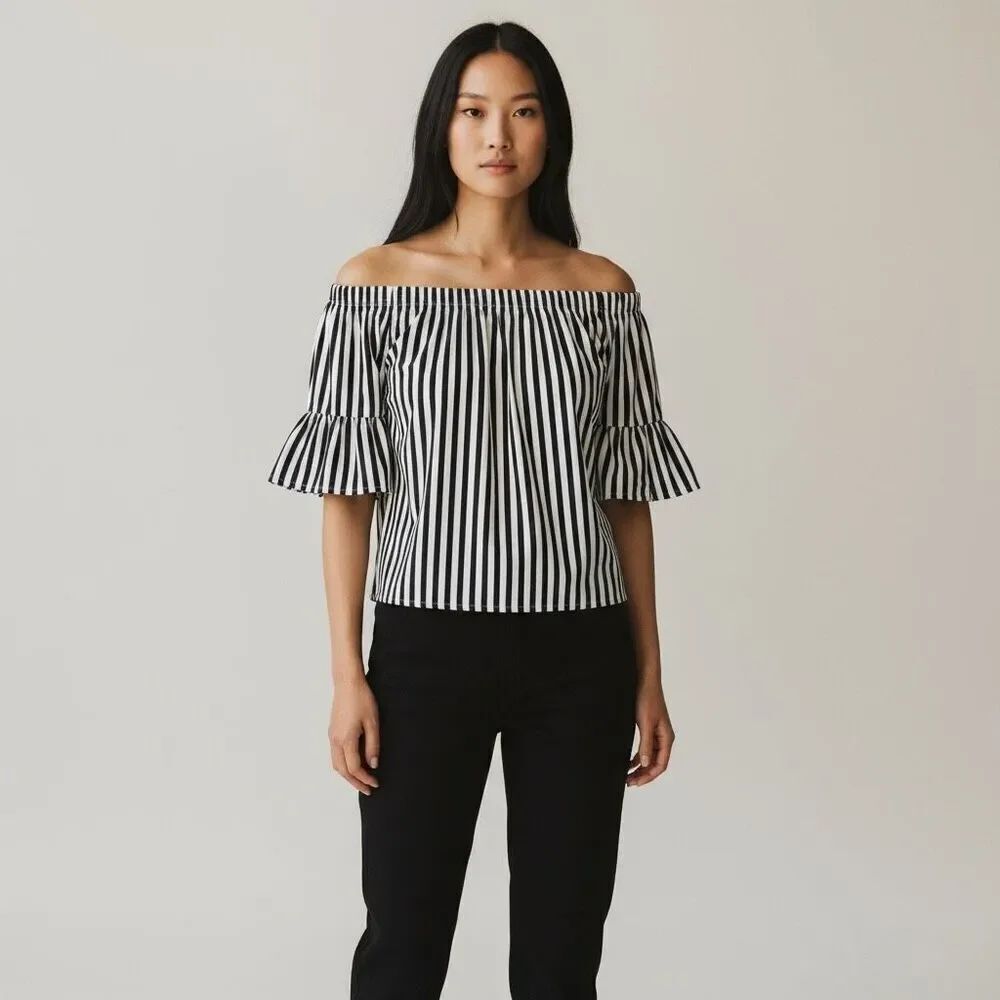 Ambiance Black & White Striped Strapless Off The Shoulder Blouse Short Sleeve M